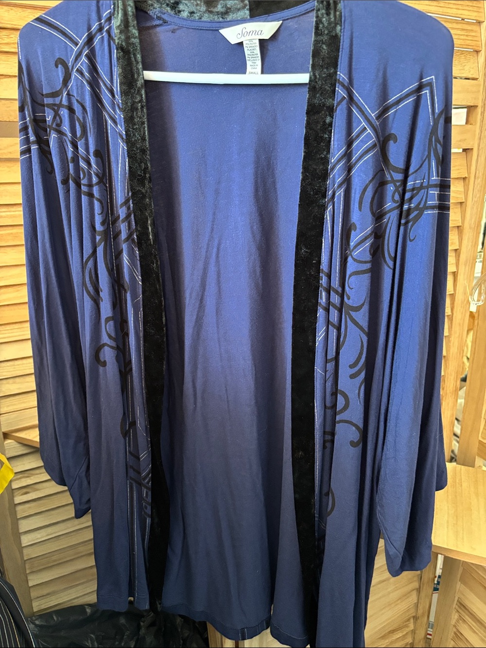 Soma Navy Blue Open Kimono Bed Jacket with Black Velvet Trim Small
